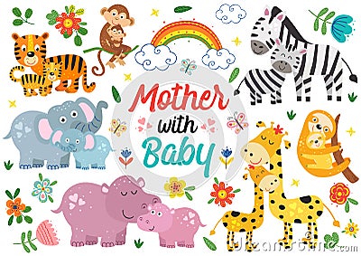 Set of isolated animals mother with baby part 1 Vector Illustration