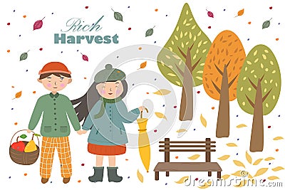 a set of isolated autumn trees, children, benches, fruit baskets Vector Illustration