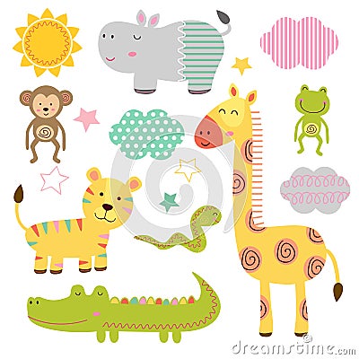 Set of isolated baby jungle animals part 1 Vector Illustration