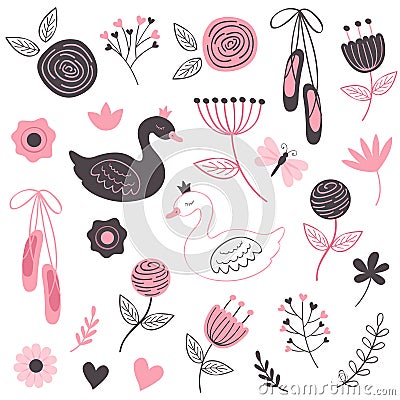 Set of isolated beautiful flowers and swans Vector Illustration