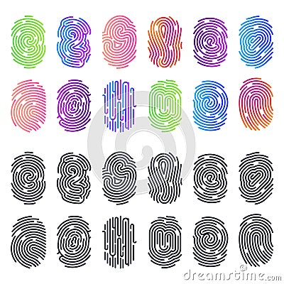 Set of isolated black and color fingerprints Vector Illustration