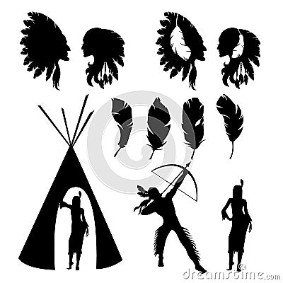 Set of isolated black silhouettes of indians on white background Vector Illustration