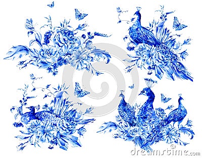 Set of isolated blue watercolor flowers and peacock Stock Photo