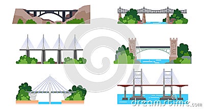 Set of isolated bridge icons. Iron and stone arch Vector Illustration