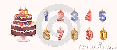 Set of isolated burning number shaped candles for celebration. Birthday chocolate cake for anniversary and candles for Vector Illustration