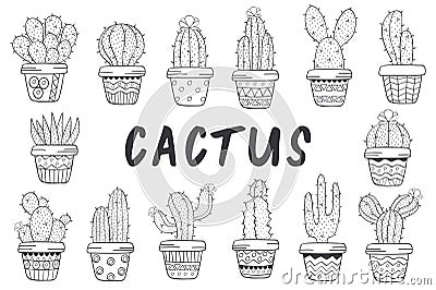 Set of isolated cactus black and white Vector Illustration