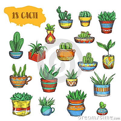 Set of isolated cactus in pot in thin line Vector Illustration