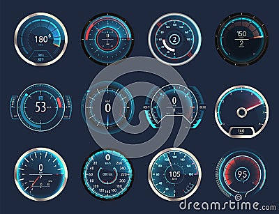 Set of isolated car or moto, truck speedometer Vector Illustration