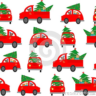 Seamless background, pattern. The car carries a Christmas tree to decorate the house. Colorful vector illustration for the winter Vector Illustration