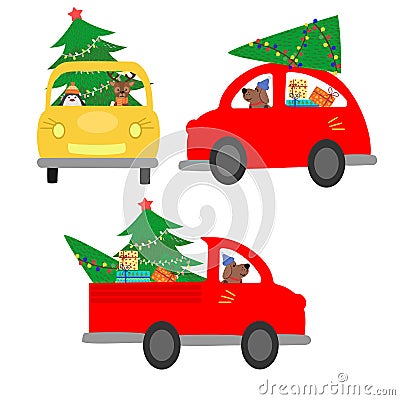 Set of isolated cars carrying a Christmas tree. The machine gives a Christmas tree to decorate the house. Colorful vector illustra Vector Illustration