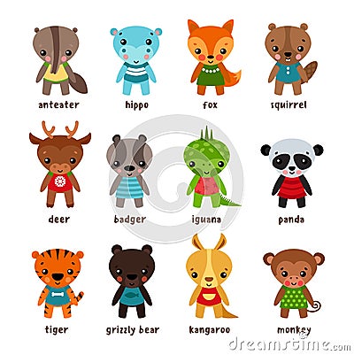 Set of isolated cartoon baby animals Vector Illustration