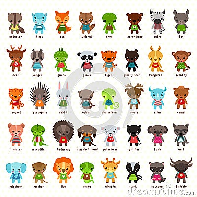 Set of isolated cartoon smiling baby animals Vector Illustration