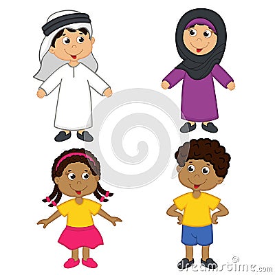 Set of isolated children of muslim and african-american nationalities Vector Illustration