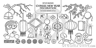 Set of isolated Chinese New Year decoration. Cute hand drawn vector illustration in black outline and white plane. Vector Illustration