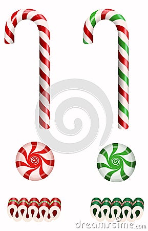 Set isolated christmas candies with candy canes, ribbon candies and starlight peppermint candies Vector Illustration