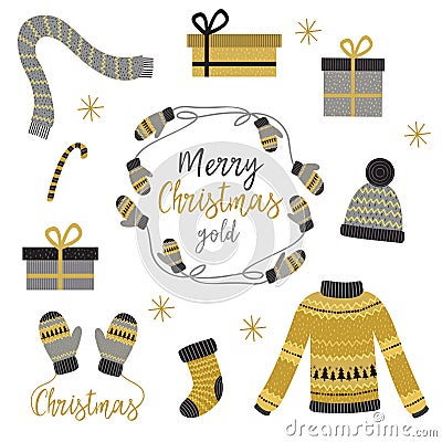 Set of isolated Christmas gold clothes and gift Vector Illustration