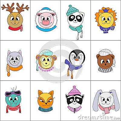 Cute animals. Set of color vector illustrations. Vector Illustration