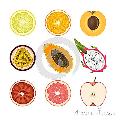 Set of isolated colored slices of lemon, orange, apricot, passion fruit, pawpaw, dragon fruit, pink grapefruit and red apple on wh Vector Illustration