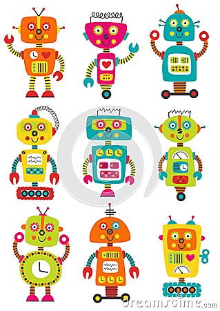 Set of isolated colorful robots Vector Illustration