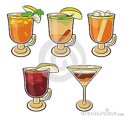 Set of isolated colorful sketch cocktails Vector Illustration