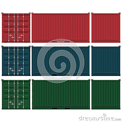 Set of isolated container without marking on transparent background. There are 3 views front,side and back Vector Illustration