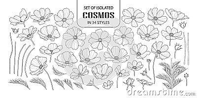 Set of isolated cosmos in 34 styles. Vector Illustration