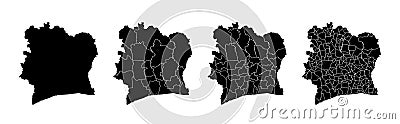 Set of isolated Cote d Ivoire maps with regions. Isolated borders, departments, municipalities Vector Illustration