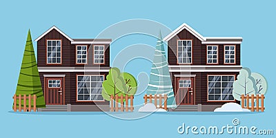 Set of isolated country rural two storey farm winter and summer houses with fences Vector Illustration