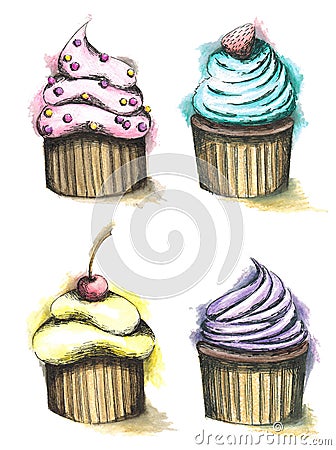 Set of isolated cupcakes of different colors Cartoon Illustration