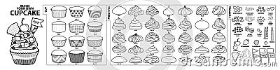 Set of isolated cups, frosting and toppings for build your own c Vector Illustration