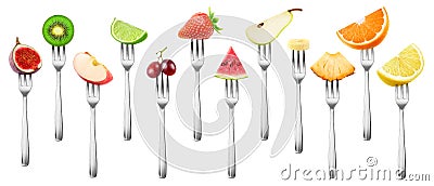 Set of isolated cut fruits on a fork Stock Photo