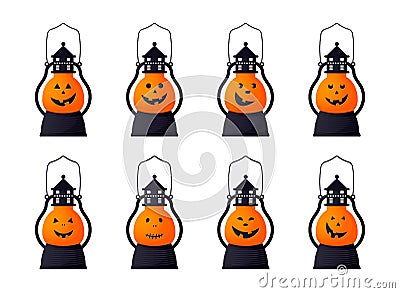 Set of isolated cute pumpkin lamp. Vector Vector Illustration