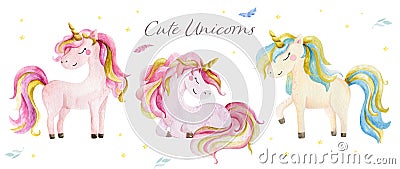 Set of Isolated cute watercolor unicorns clipart. Nursery unicorns illustration. Princess unicorns poster. Trendy cartoon horse Cartoon Illustration