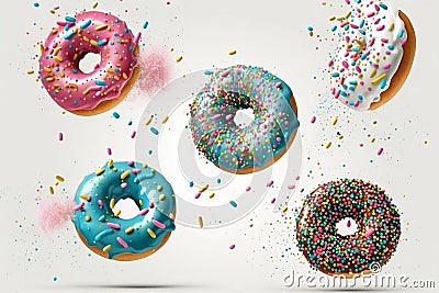 A set of isolated donuts with sprinkles flying above on a white background. AI Stock Photo