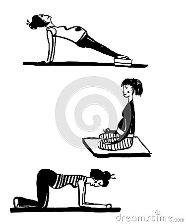 Set of isolated drawing of pregnant Women doing yoga, sketch hand drawn illustration Vector Illustration