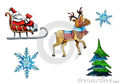 Set of isolated elements on the Christmas theme. Christmas tree, Santa Claus, deer, sleigh, snowflakes. Watercolor on white Stock Photo