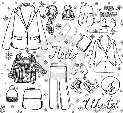 Set of isolated elements of clothing and accessories in graphic. Unique style, casual wardrobe in vector Vector Illustration