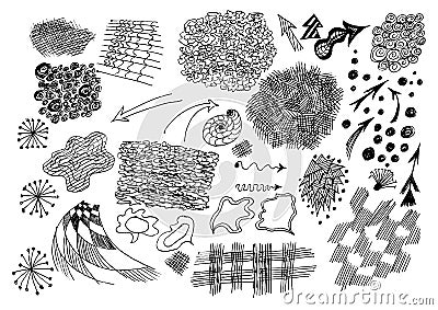 Set of isolated elements drawn by pen on paper. Text clouds, arrows, circles, hatching, scribbles. Stock Photo