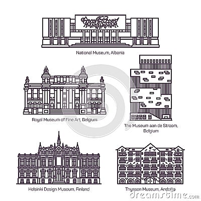 Set of isolated european museums in thin line Vector Illustration