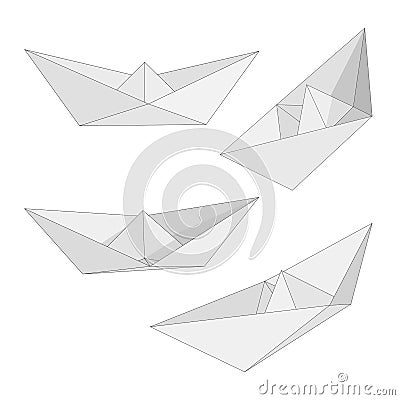Set of Isolated figure of ship, boat folded from white paper in origami style on white background. Various views. Vector Illustration