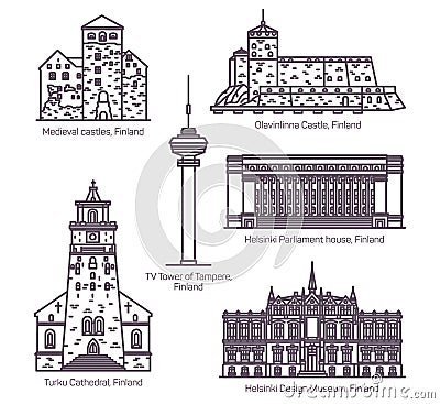 Set of isolated Finland or Finnish landmarks Vector Illustration
