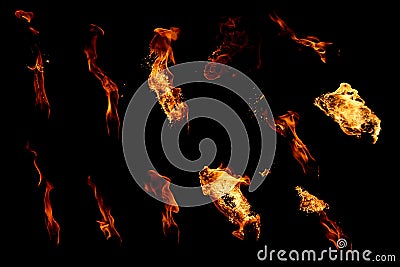 Set of isolated flames on black background Stock Photo