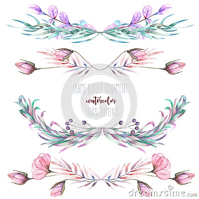 Set with isolated frame borders, floral decorative ornaments with watercolor flowers Stock Photo