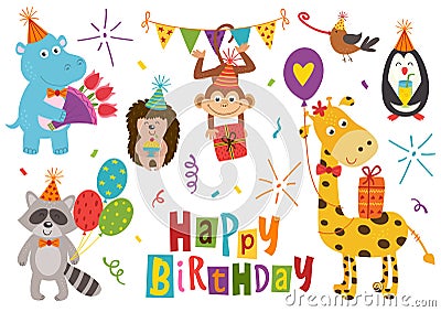 set of isolated funny animals for Happy Birthday design part 1 Cartoon Illustration