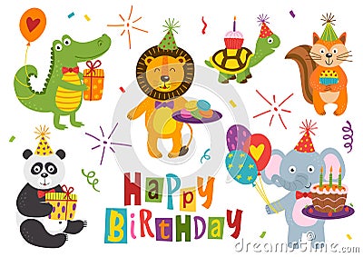 Set of isolated funny animals for Happy Birthday design part 2 Vector Illustration