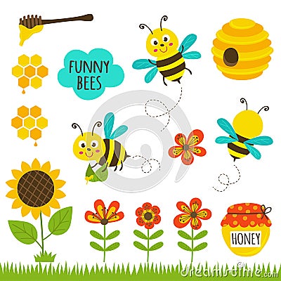 Set of isolated funny bees and icons Vector Illustration