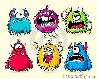 Set of isolated funny furry monsters Vector Illustration