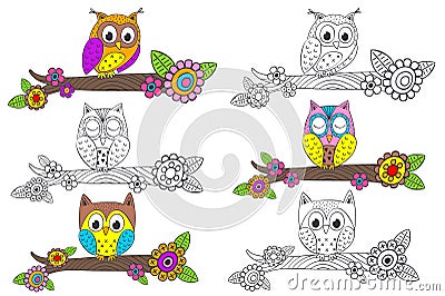 Set of isolated funny owl on branch Vector Illustration