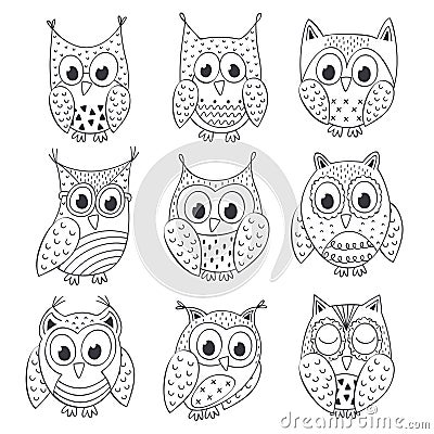 Set of isolated funny owls black and white Vector Illustration