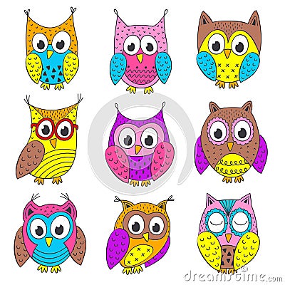 Set of isolated funny owls in color Vector Illustration